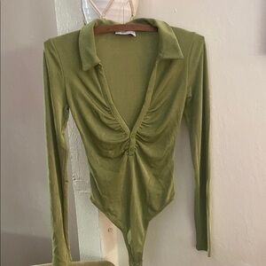 Bershka Green Ruched Polo Bodysuit